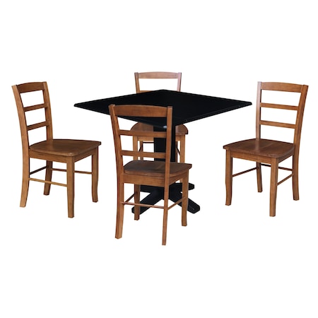 International Concepts 36 in. Solid Wood Square Dual Drop Leaf Dining Table with 4 Chairs in Black/Distressed Oak K46-36SDP-C42-2-4